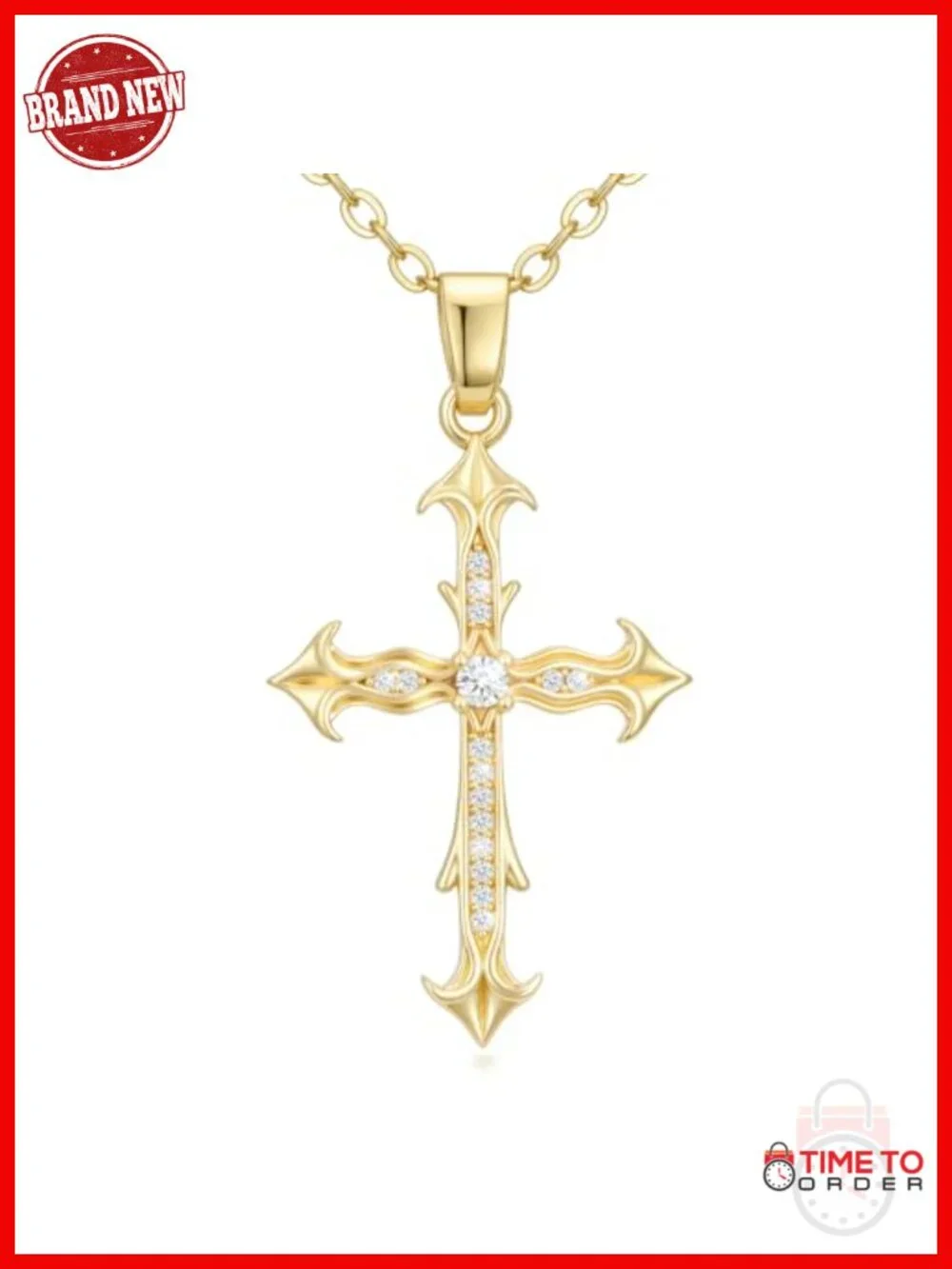 14K Gold Plated Cross Pendant Necklace Adjustable Chain Cubic Zirconia